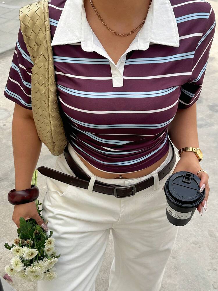 Dazy Plus Plus Size Summer Casual Striped Short Sleeve Slim Fit T-Shirt Crop Tops Women