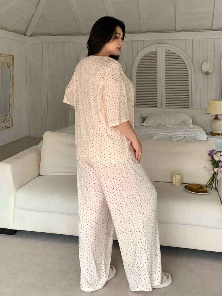 Dazy Plus Plus Size Comfortable Cherry Print Short Sleeve Top And Pants Pajama Set, Summer