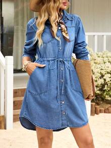 EMERY ROSE 女士休闲水洗抽绳腰前扣牛仔连衣裙，秋季款 - 中等水洗藍 - 查看 6