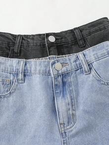 SHEIN 2件套青少年男童时尚返校街头风混搭百搭设计复古酷炫街头宽松舒适清爽蓝黑牛仔阔腿直筒短裤，适合青少年男童日常穿着以及春夏锐舞节和街头服饰。 - 彩色 - 查看 5