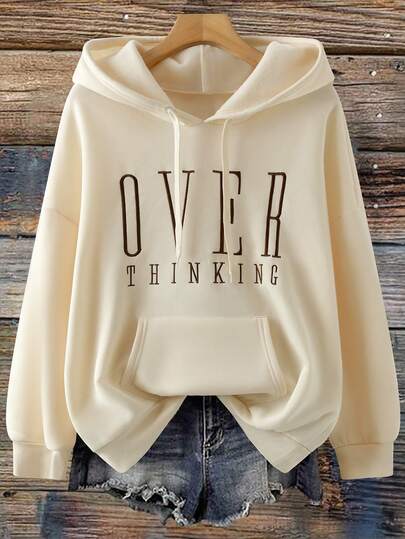 EMERY ROSE Sudadera con capucha de talla grande para mujer con estampado de letras, hombros caídos y cordón, top de manga larga, adecuado para la temporada de graduación, la temporada de regreso a clases, el uniforme de maestras, conjunto de sudadera de regreso a clases para otoño.