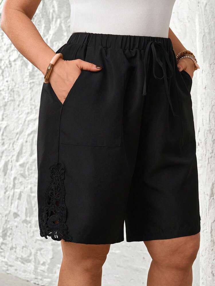 Plus Size Casual Solid Color Shorts, Summer/Vacation Work Shorts For Women Plus Size Shorts Women's Shorts With Pockets Women's Shorts Summer Black Drawstring Shorts Summer Outfits For Women Beach Outfit For Women Casual Vacation Outfits Women Country Concert Outfit Peplum