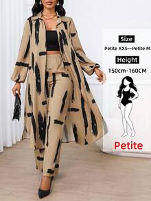 SHEIN Lady Petite Conjunto de 2 piezas de camisa de manga obispo con bolsillo y cuello tejido, elegante y casual, para primavera, verano, otoño e invierno, apto para vacaciones, iglesia, oficina y salidas de verano para mujeres - Multicolor - Ver 1