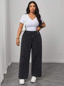 Truni Plus Size Casual Washed High Waist Wide-Leg Jeans, For Pear And Triangle Body Shape - Black - View 6