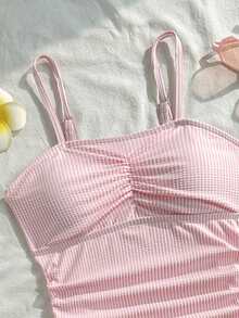 SHEIN Tween GirlsStriped Two Pieces Tankini Swimsuit - Baby Pink - View 4