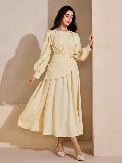 Graceveil Vestido fluido de manga larga con cuello de corbata y cintura fruncida en color amarillo pálido elegante