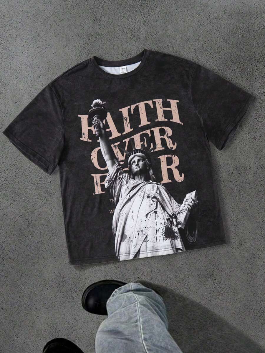 SHEIN 青少年男童休闲字母+自由女神像图案运动街头风Y2K短袖圆领T恤，适合春夏穿着，日常穿着，运动，外出，上学，聚会，节日，拍照