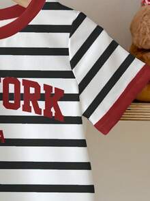 女童休闲蓝条纹T恤，饰有“NEW YORK”字样，撞色红色点缀，返校季学院风圆领短袖T恤，适合夏季穿着 - 彩色 - 查看 5
