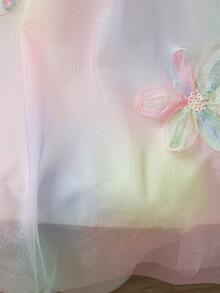 SHEIN Elladie kids 女童多层网纱刺绣短袖花朵装饰公主裙，适合夏季度假、派对、海滩等场合 - 彩色 - 查看 7