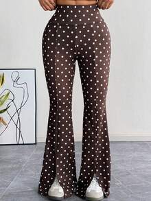 SHEIN EZwear 女士波点高腰休闲百搭通勤喇叭裤 - 咖啡棕 - 查看 4