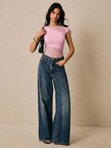 Poéselle 女士优雅纯色蕾丝拼接连体衣，夏季 - 淺粉色 - 查看 3