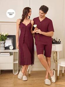 SHEIN Men's Casual V-Neck Half-Zip Short Sleeve Shorts Pajama Set, Loose Fit Solid Color Loungewear - Burgundy - View 3