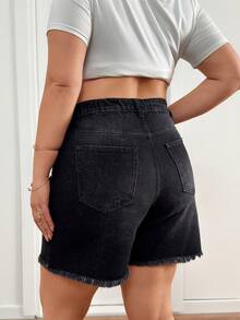SHEIN Cottnline Plus Size Sommar Casual Tvättade Snittfickor Frayed Ned Denim Shorts - Mediumtvätt - Visa 2