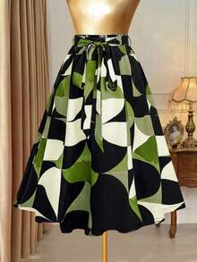 Rometta Plus Size Women Elegant Geometric Print Pattern Skirt - Army Green - View 2