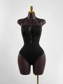 Lyxana Sexy Hollow Out Halter Bodysuit - Black - View 3