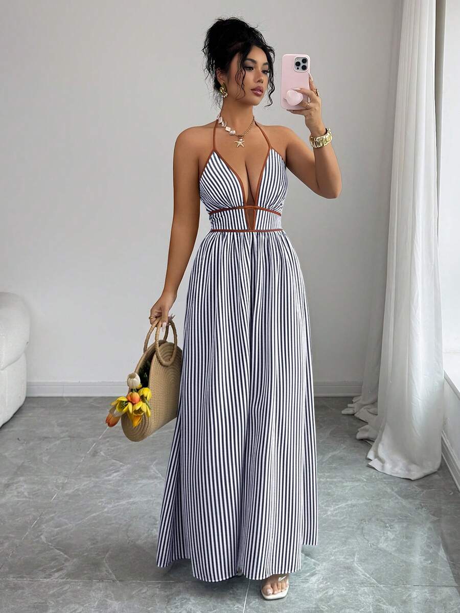 Elenzga Vestido casual de verano para mujer con tirantes y espalda descubierta a rayas - azul real - Ver 1