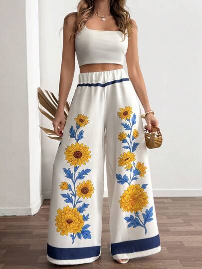 Cloudara Women's Floral Print Pleated Casual Versatile Wide Leg Pants For Daily Wear