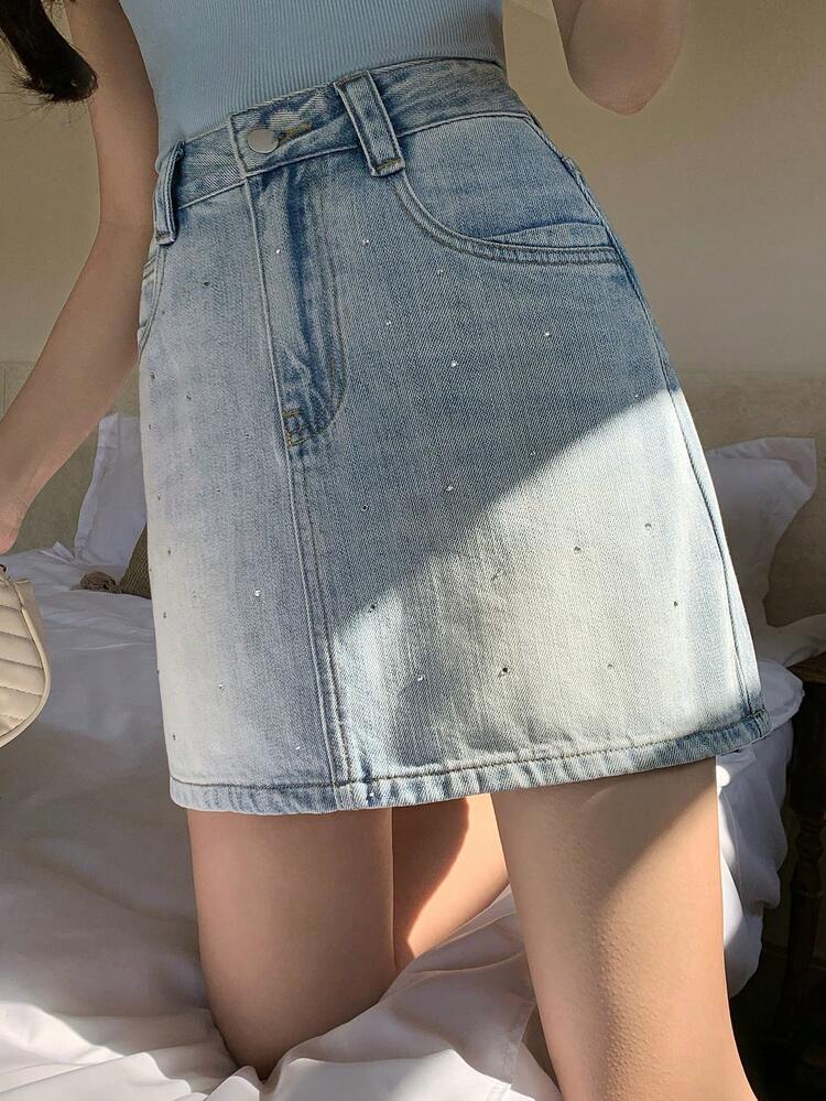 Women's High Waist Pockets Rhinestone Embellished Casual Denim Skirt