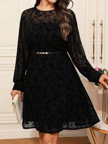 Miaspire Đầm mini ren đen dài tay cổ tròn thanh lịch dành cho nữ cỡ lớn, thích hợp cho đầu xuân. - màu đen - Xem 10