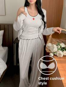 DAZY 3pcs/Set Strawberry Polka Dot Print Women Pajama Set - Grey - View 1