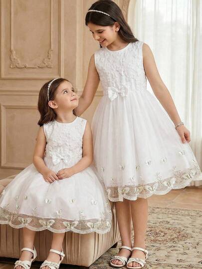 Vestido sin mangas para niñas, nuevo vestido de verano dulce con lazo, malla, encaje floral y ribete, vestido blanco de princesa para bodas, vestido de niña de las flores, vestido ligero para fiestas y vacaciones, adecuado para fiestas o festivales