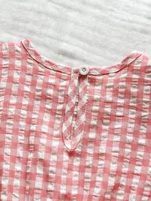 SHEIN Vintaside Kids 1件女童夏季新款粉色格子圆领短袖雏菊刺绣腰部松紧后领水滴格子学院风可爱甜美休闲连衣裙 - 粉色 - 查看 6