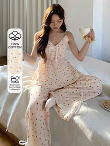 DAZY Women's Sweet Polka Dot Allover Print Textured Chiffon Pajama Set, Summer - White - View 5