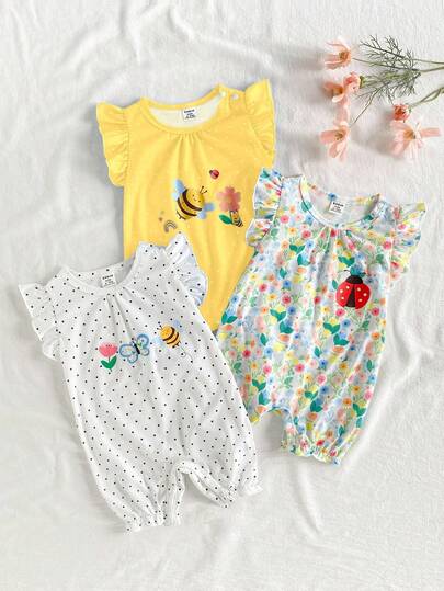 SHEIN Vintaside Kids Baby Girl 3-Piece Insect Print Romper Set, Includes Ruffled Cap Sleeve, Gathered Hem Shorts, Comfortable & Cute Summer Outfit