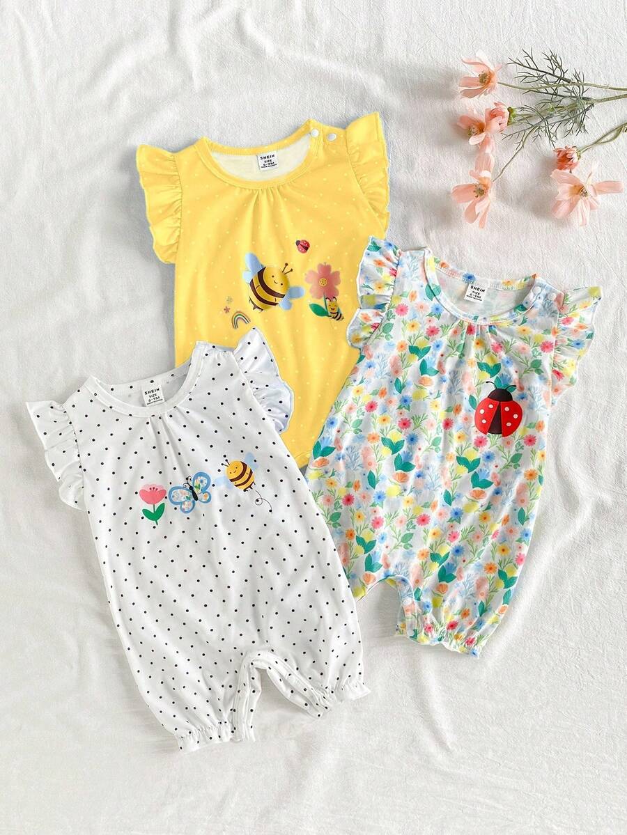 SHEIN Vintaside Kids 女婴三件套昆虫印花连体衣套装，包括荷叶边短袖上衣、褶皱下摆短裤，舒适可爱的夏季服装