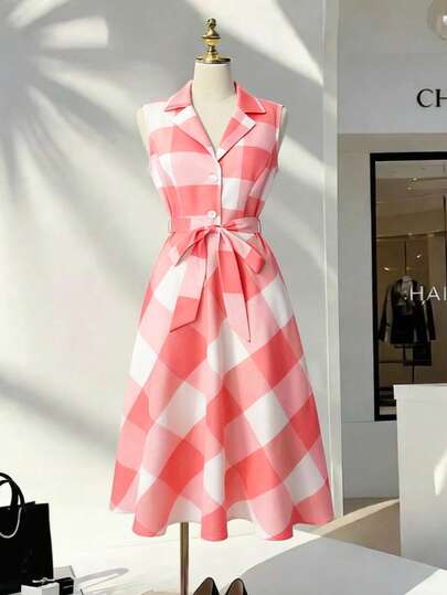 Franclia Vestido midi de corte evasé vintage para mujer, con estampado de cuadros, cuello de solapa, doble botonadura, cintura ceñida, adecuado para el trabajo, salir con amigos, citas, verano