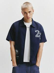 TOKVUE Men's Casual Fashionable Street Chic Daily Commute Checkerboard Numeric Print Contrast Binding Short Sleeve Zip-Up Jacket, Summer - Navy Blue - View 4