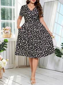 Reflora 大码裹身领收腰印花A字连衣裙，带口袋 - 彩色 - 查看 6