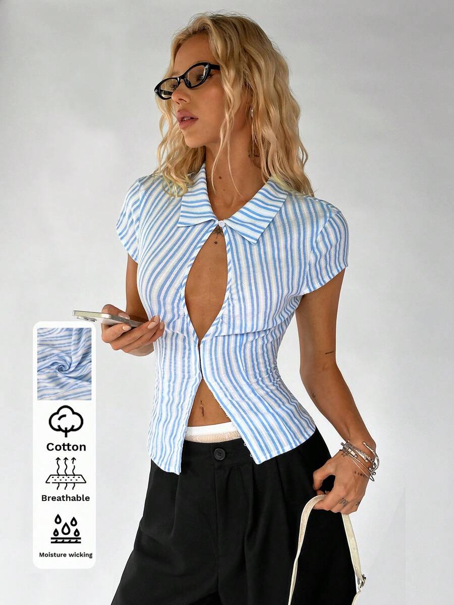 TRNVIE 女士蓝色条纹镂空领休闲度假上衣，新款中国风短袖褶皱性感修身衬衫，适合街头、度假、音乐节和派对穿着 - 藍白色 - 查看 1