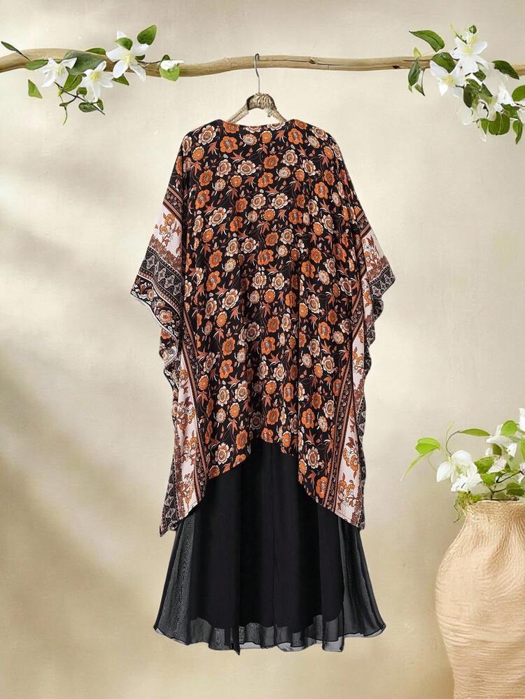 Ensemble deux pièces pour femmes grande taille : veste kimono simple à imprimé campagne et robe noire