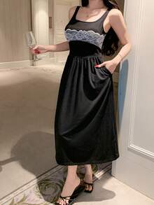 DAZY Contrast Color Lace Patchwork Waist Cinched Mid-Length Women Nightgown - Black - View 6