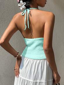 Sunnyshic 女士性感露背开衩针织短款上衣，度假风 - 綠色 - 查看 2