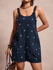 Freevana 100% Cotton Plus Size Women's Daisy Embroidery Inspired Double Pocket Casual Romper - Navy Blue - View 5