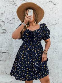 SHEIN VCAY Đầm maxi ngắn tay màu đen họa tiết hoa dành cho nữ cỡ lớn, cổ hình trái tim, dây rút phía trước. - Màu xanh hải quân - Xem 3