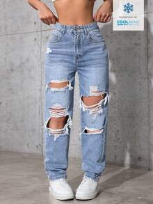 SHEIN ICON Celana Jeans Denim Wanita Kasual Sehari-hari dengan Saku Miring dan Model Sobek - Light Wash - View 8