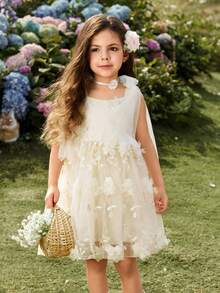 SHEIN Glamorique Kids 少女生日派對婚禮節日禮服，白色夏季傳統抹胸3D花朵薄紗蝴蝶結刺繡澎澎裙公主洋裝 - 杏色 - 查看 7