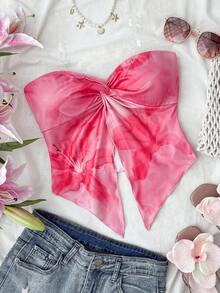 Áo hai dây/áo tank top mùa hè cho bé gái và thiếu nữ, họa tiết hoa nhiệt đới, viền xoắn, thích hợp cho kỳ nghỉ xuân/hè, ngày Valentine, tiệc trà chiều, phong cách đường phố, mặc nhiều lớp hoặc dự tiệc. Áo mùa hè cho nữ, trang phục mùa xuân cho nữ, áo nữ cho mùa hè. - Màu Hồng Tươi - Xem 3