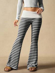 VARSIVA Quần ống loe kẻ sọc dáng rộng dành cho nữ, có cạp gập xuống, kiểu legging. - Đen và trắng - Xem 7