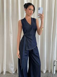 Siren Gaze Women's Criss-Cross V-Neck Tie Waist Vest And Wide Leg Jeans Set - Dark Wash - View 4