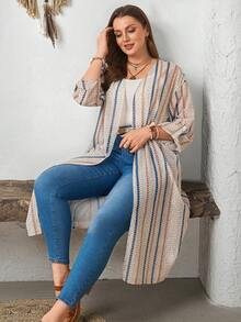 EMERY ROSE 大码女式休闲条纹开襟长款开衫 - 杏色 - 查看 5