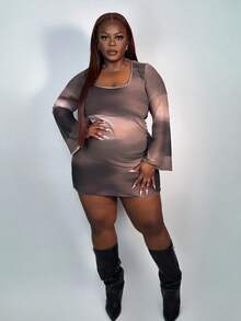 Truni Vestido mini de manga acampanada transparente y sexy con estampado degradado y espalda descubierta para mujer de talla grande, ideal para vacaciones, playa, festivales de música y uso casual - Púrpura polvoriento - Ver 7