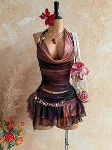 Soleia Women's Retro Draped Neck Top And Ruffle Hem 2 Pieces Set, Summer Vacation - Multicolor - View 4