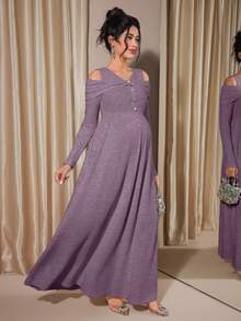 Momance 插肩袖纽扣前襟罗纹A字中长连衣裙，春秋季 - 紫色 - 查看 4