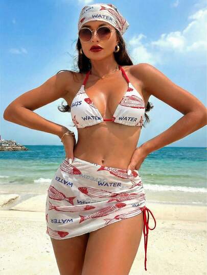 Swim Vcay 4pcs/Set 2025 New Women Random Print Triangle Bikini Top, Mesh Mini Skirt, Hat, Beach Casual Sexy Bikini Set Set, Summer