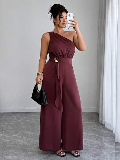 Elenzga Plus Size Women's Elegant One Shoulder Metal Buckle Decor Waist Straight Leg Pants, Spring/Summer