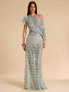 SHEIN BAE 彩色蕾丝透视不对称肩部上衣，优雅夏季上衣，适合夜店、外出、海滩、工作/办公室、商务休闲等场合。 - 綠色 - 查看 1